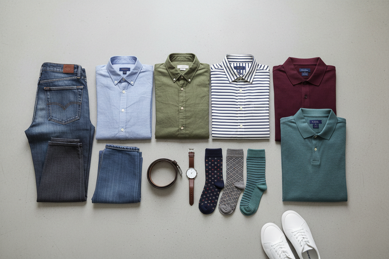 Stylish men's clothing flat lay with shirts, pants, and polo shirts