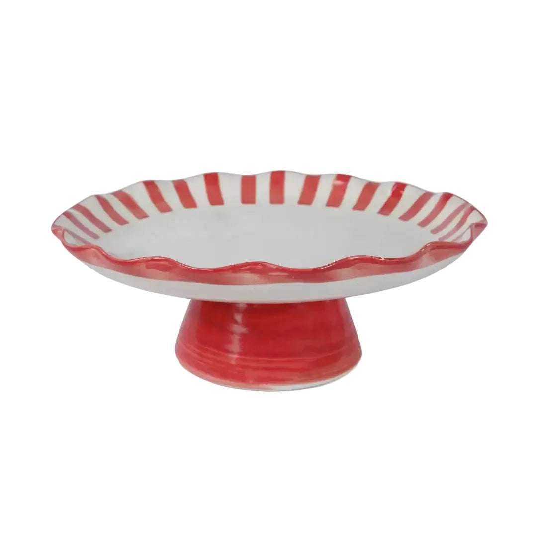 Red Stripe Cake Stand | Handpainted Stoneware