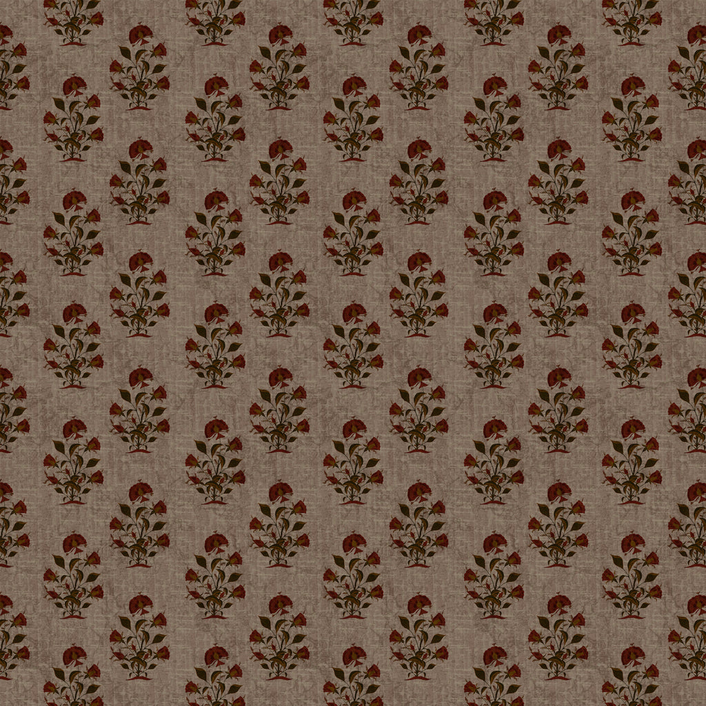 A repeating floral pattern on a textured taupe-brown background, featuring dark red rose-like motifs with olive green leaves and stems.