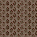 A repeating floral pattern on a textured taupe-brown background, featuring dark red rose-like motifs with olive green leaves and stems.