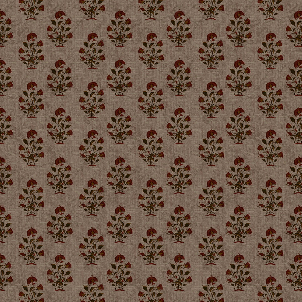 A repeating floral pattern on a textured taupe-brown background, featuring dark red rose-like motifs with olive green leaves and stems.