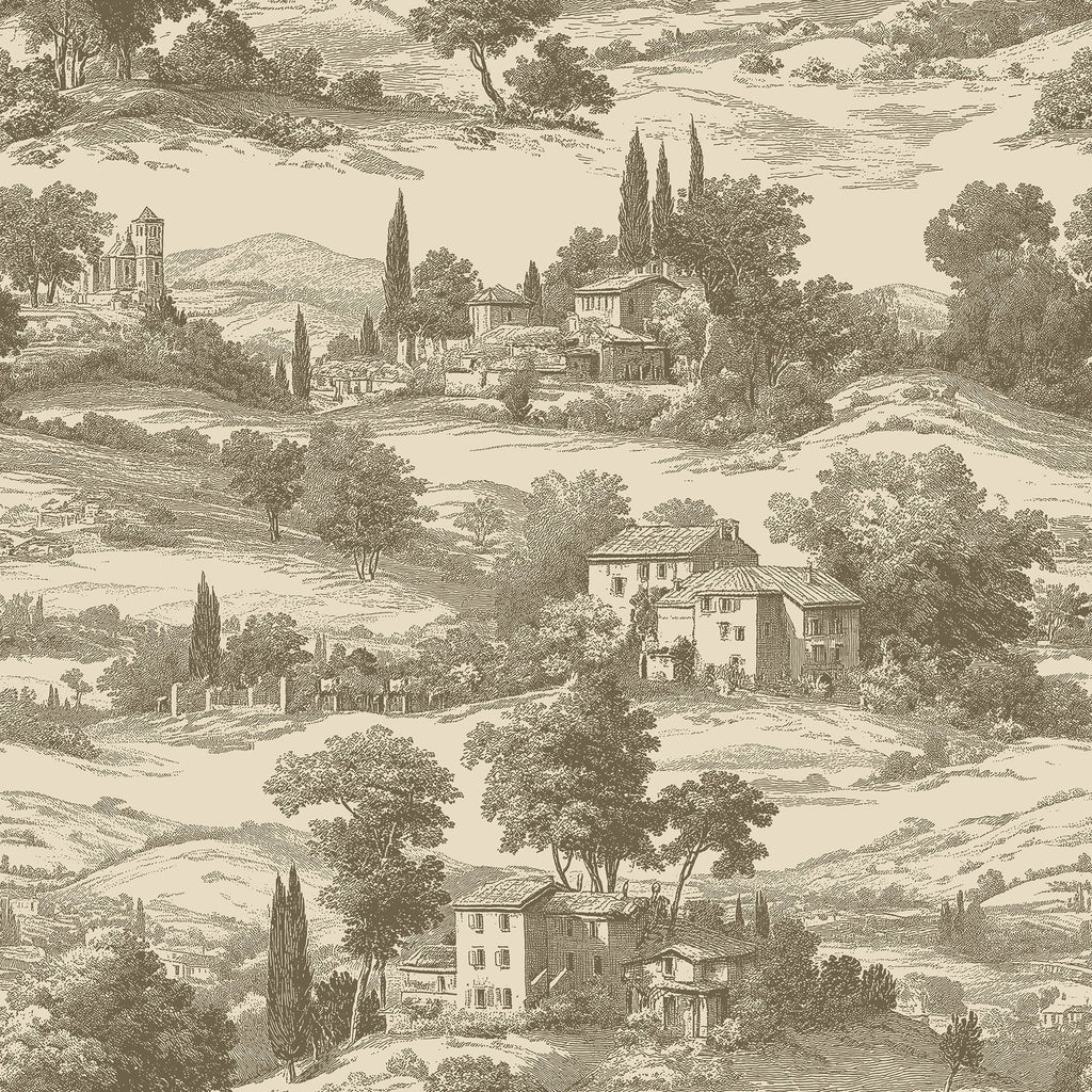 A repeating scenic wallpaper pattern featuring a classical Italian landscape with houses, trees, hills, and cypress trees in a monochrome sepia engraving style.