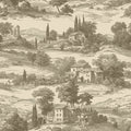 A repeating scenic wallpaper pattern featuring a classical Italian landscape with houses, trees, hills, and cypress trees in a monochrome sepia engraving style.