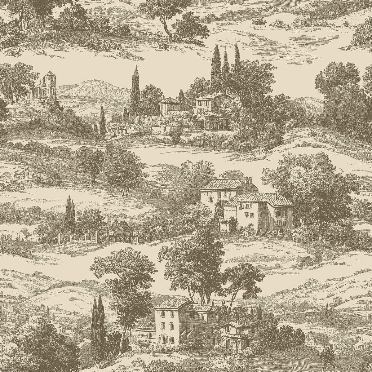 A repeating scenic wallpaper pattern featuring a classical Italian landscape with houses, trees, hills, and cypress trees in a monochrome sepia engraving style.