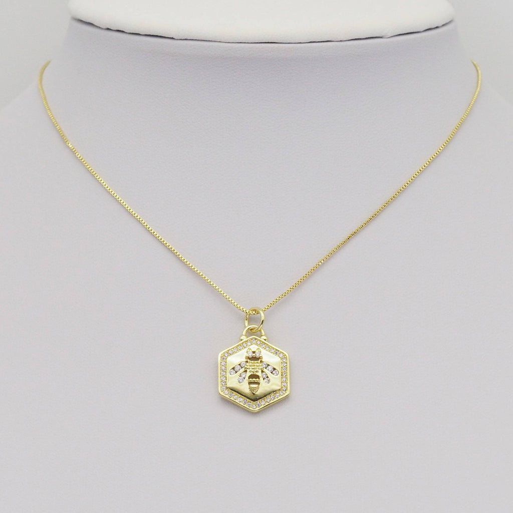 Clear CZ Gold Bee On Hexagon Charm, Sku#LX369