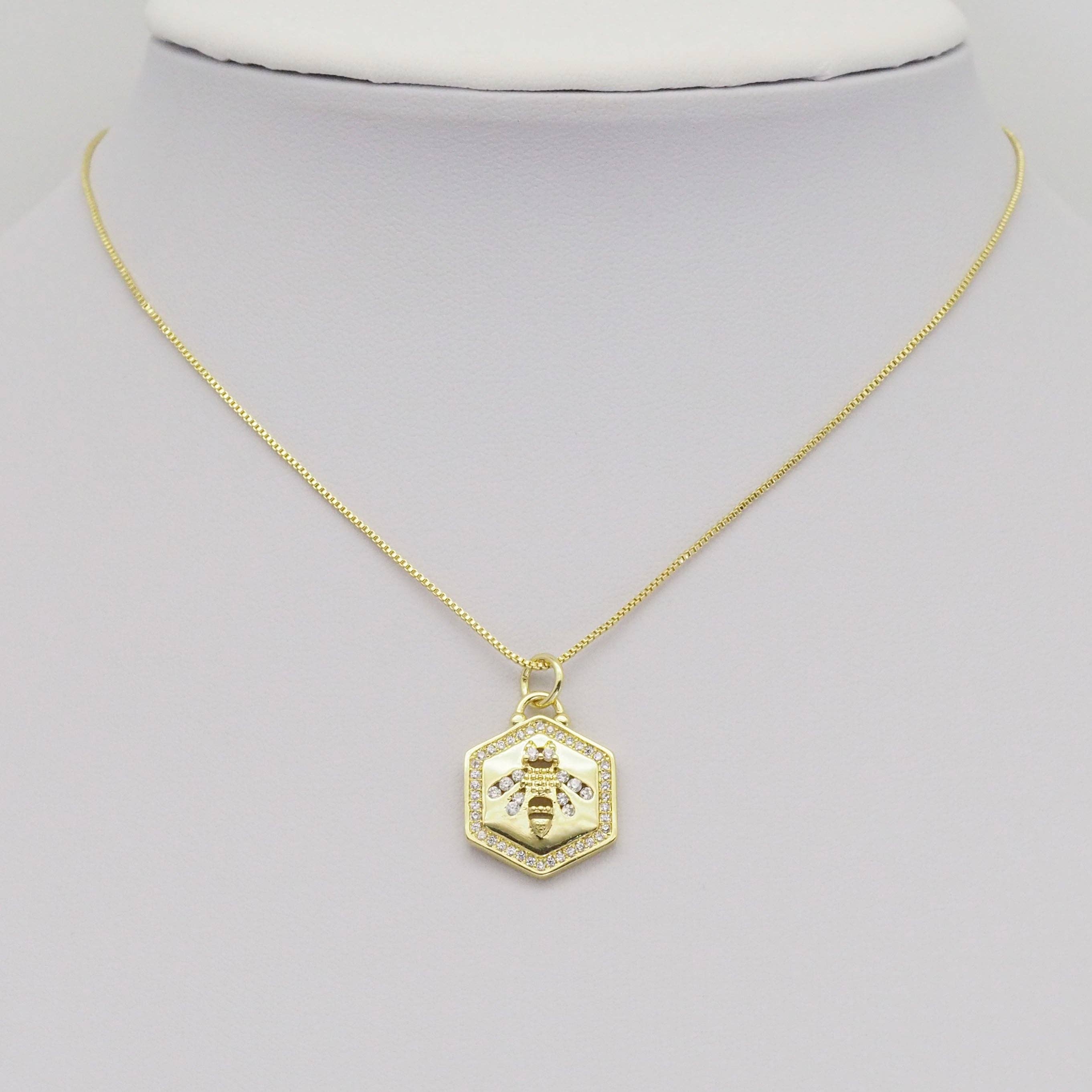 Clear CZ Gold Bee On Hexagon Charm, Sku#LX369