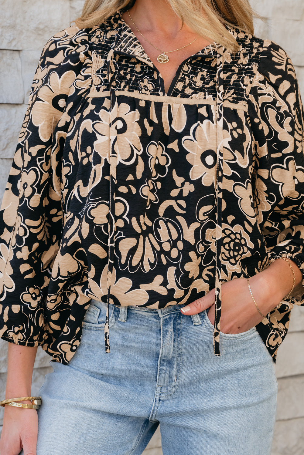 Camilla Bracelet Sleeve Boho Blouse-Threaded Pear