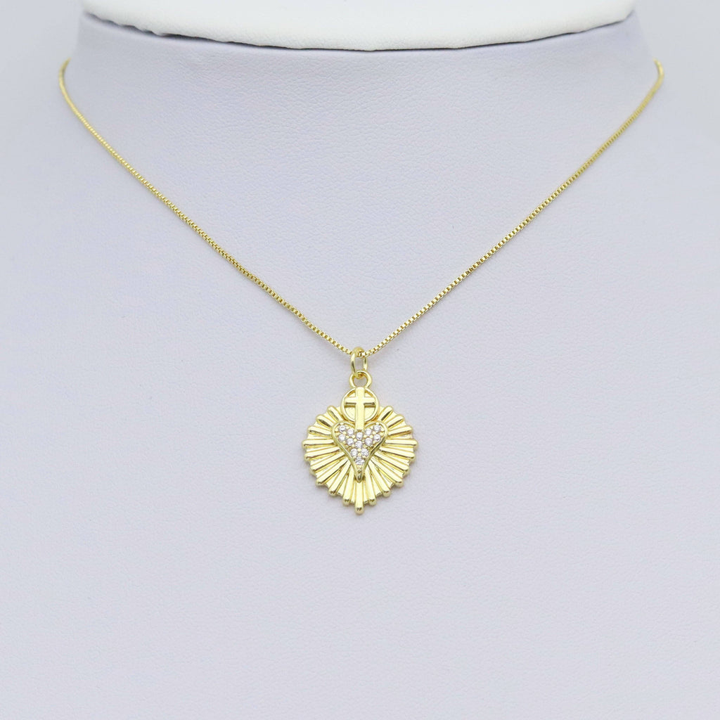 Clear CZ Gold Cross Radical Line Heart Charm Pendant, Sku#Y984