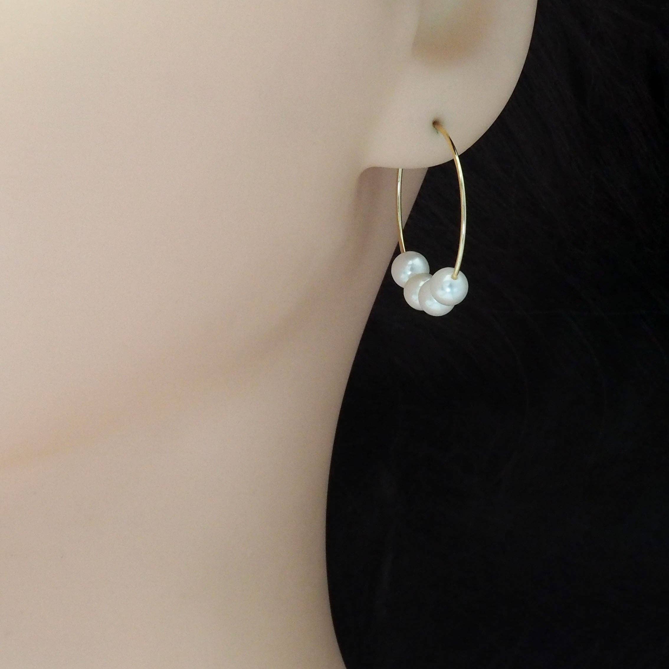 CZ Gold White Pearl Round Ring Hoop Earrings, Sku#EF467