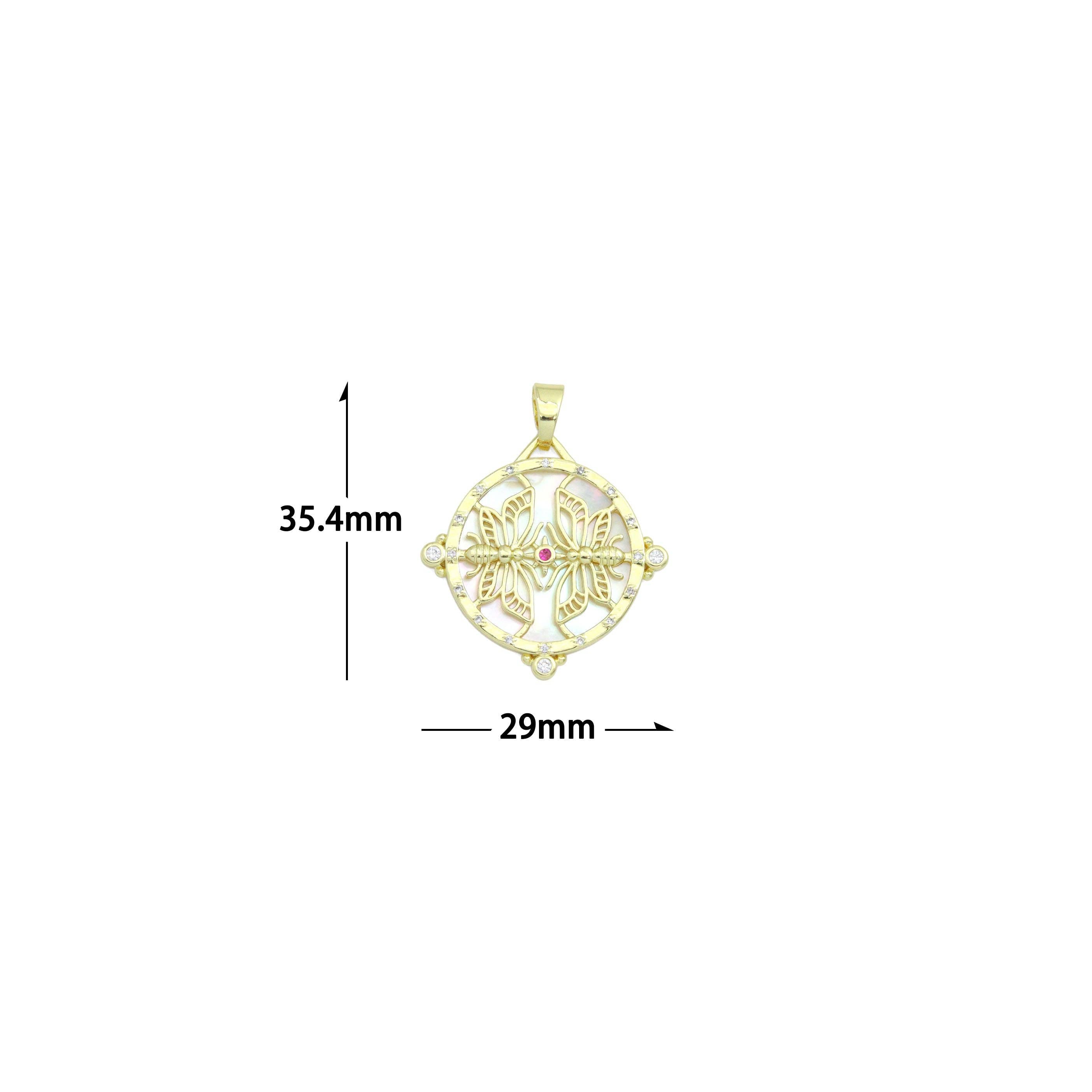 White Pearl Gold Butterfly insect On Round Coin Charm Pendant,Sku#LX876