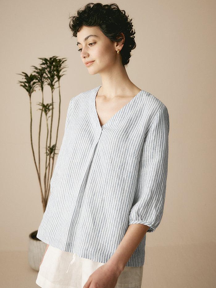 100% Linen Puff Sleeves Top LEAH-LINTICO