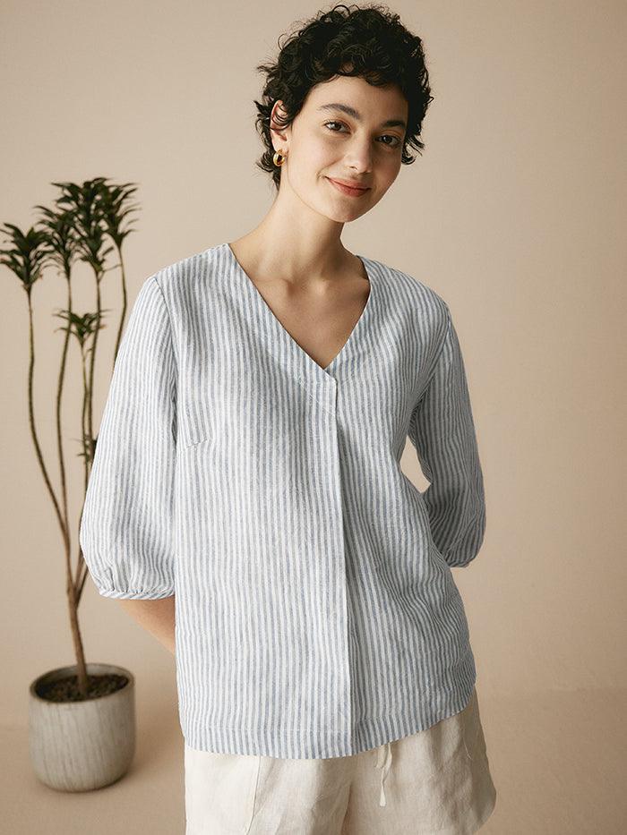100% Linen Puff Sleeves Top LEAH-LINTICO