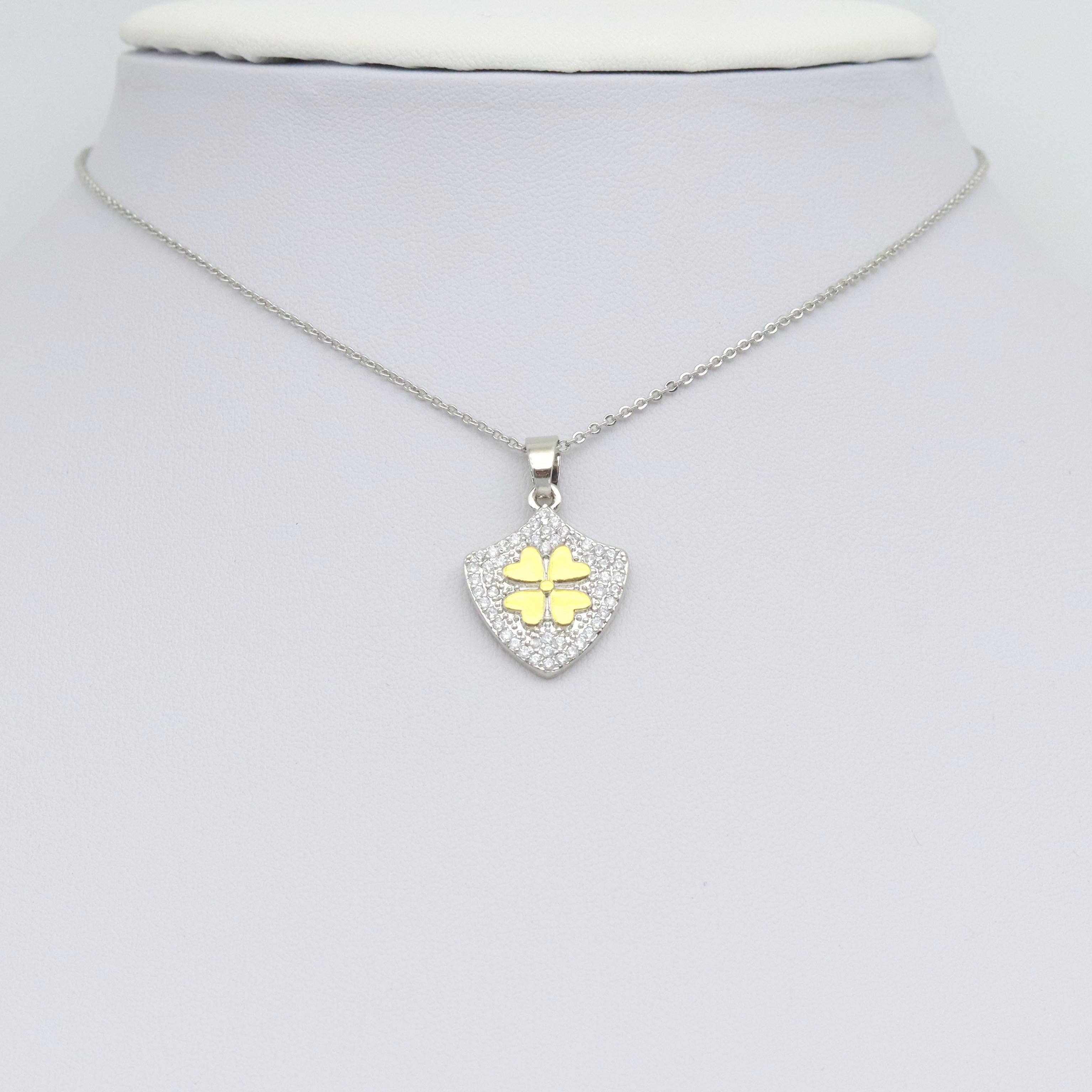Dual Color CZ Gold Flower On Shield Charm Pendant, Sku#LX748
