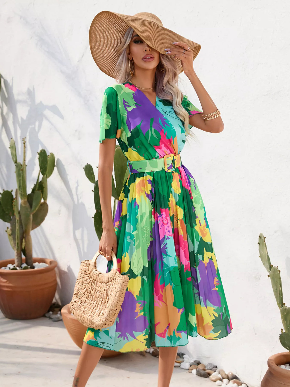 Pleated Tropical Print Belted Midi Dress