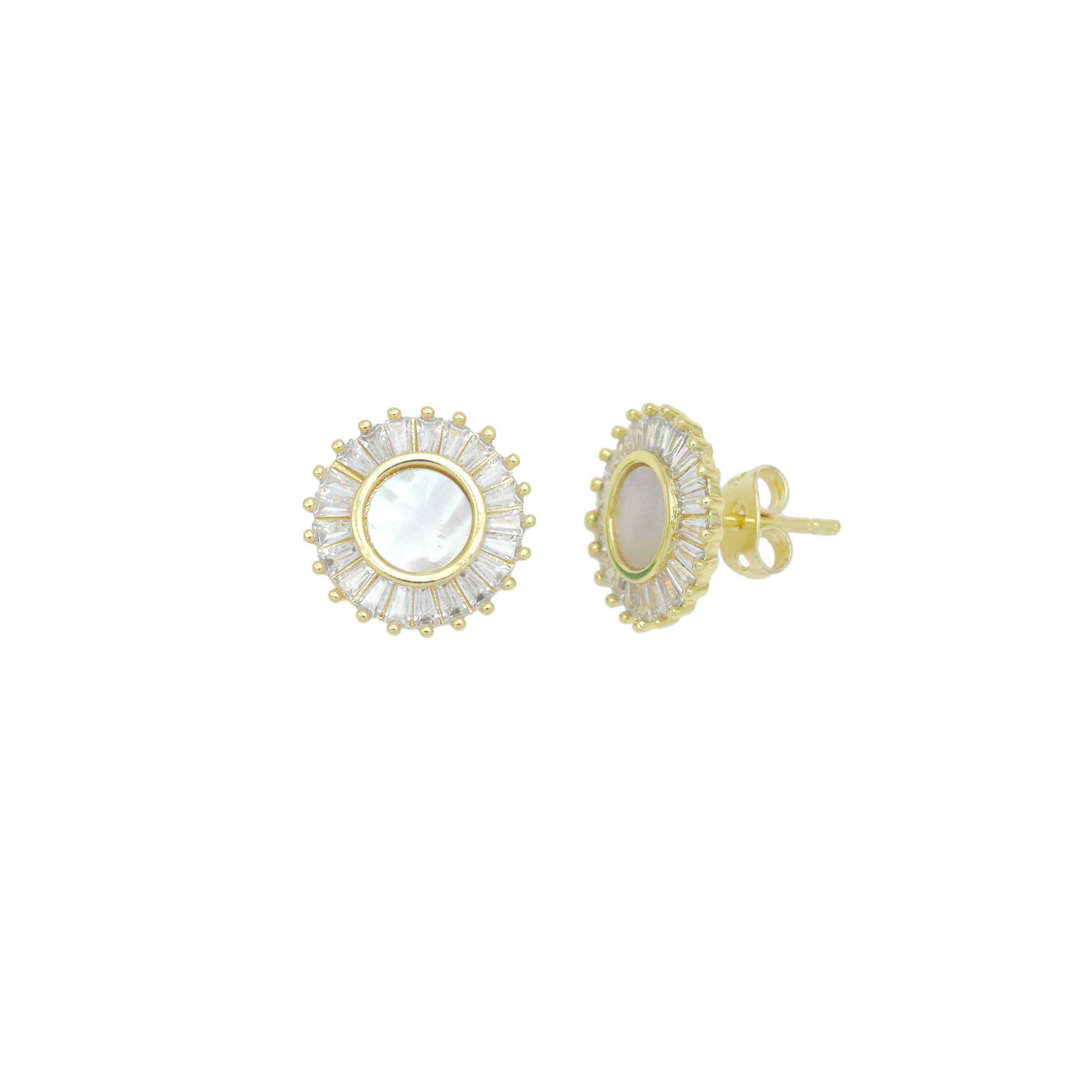 Baguette CZ Gold White Pearl Flower Stud Earrings, Sku#LX719