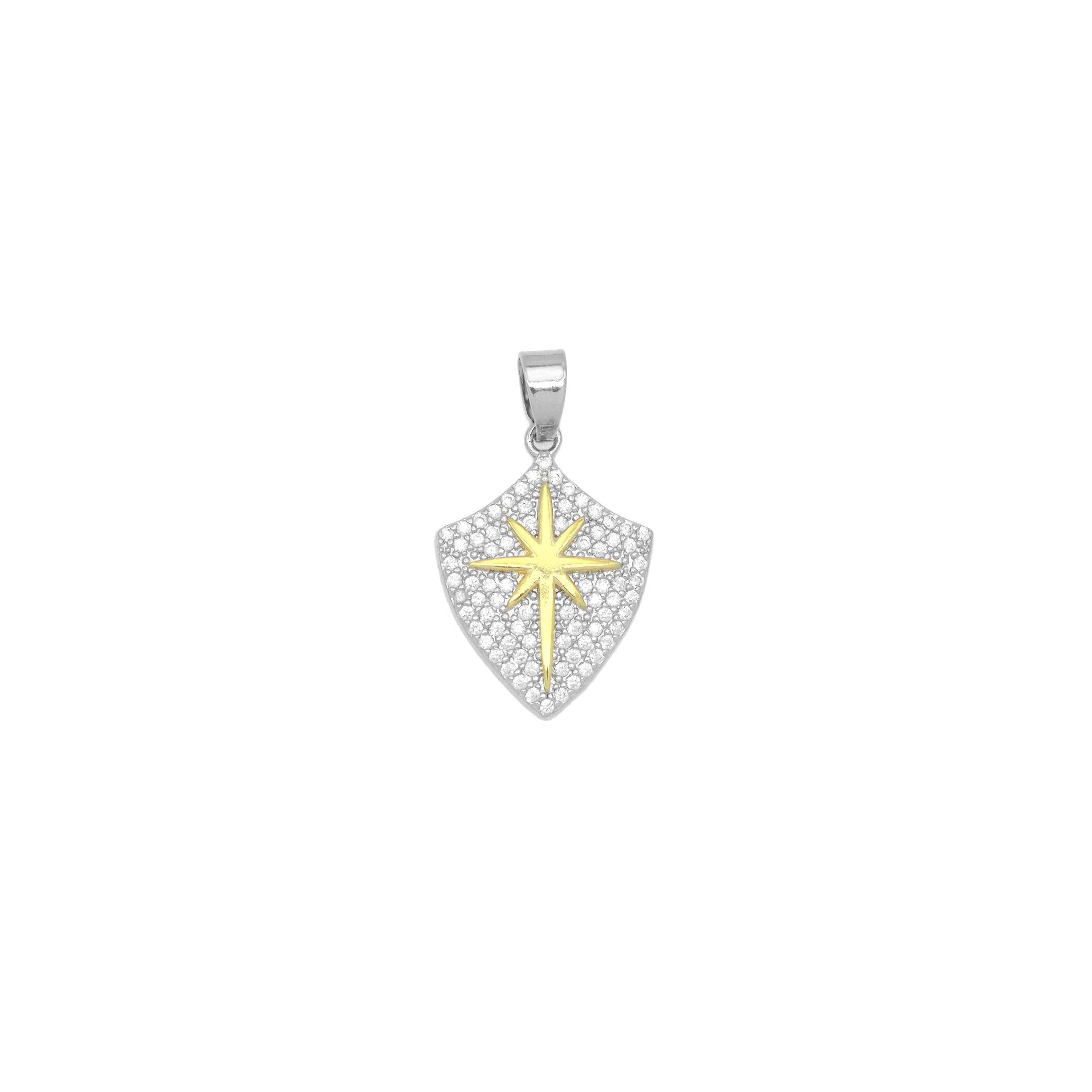 Dual Color CZ Gold North Star On Shield Charm Pendant, Sku#LX749
