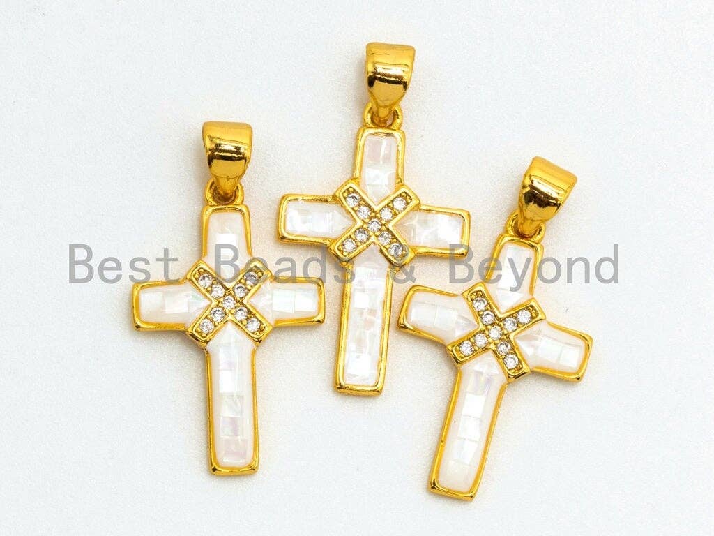 Mop CZ Micro Pave Cross Pendant, Cubic Zirconia Mother of Pearl Charm/Pendant, Jewelry Findings,14x22mm, sku#Z43