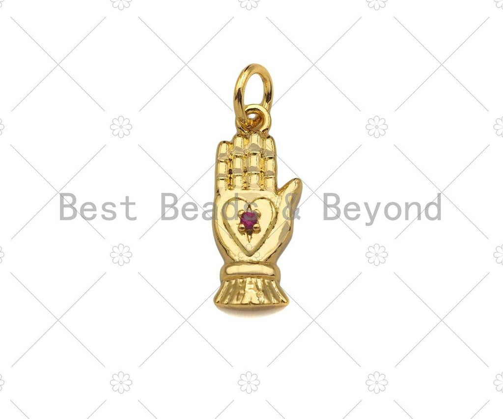 Fuchsia CZ Micro Pave Heart On Hand Shape Pendant/Charm,18K Dainty Gold Palm Charm, Necklace Bracelet Charm Pendant,7x17mm,Sku#Z1321