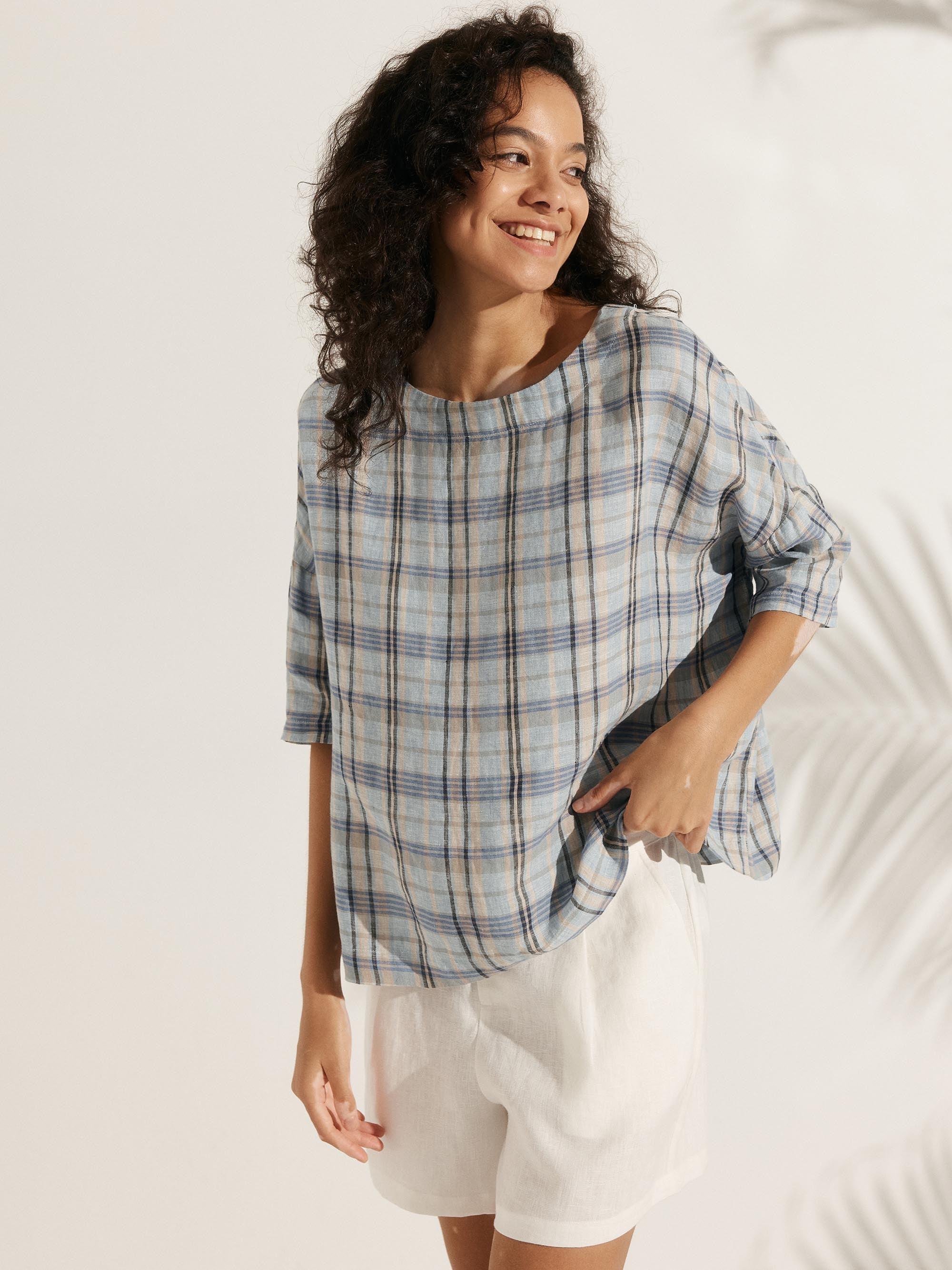 100% Linen Gingham Checked Boatneck 3/4 Length Sleeve Top AURORA