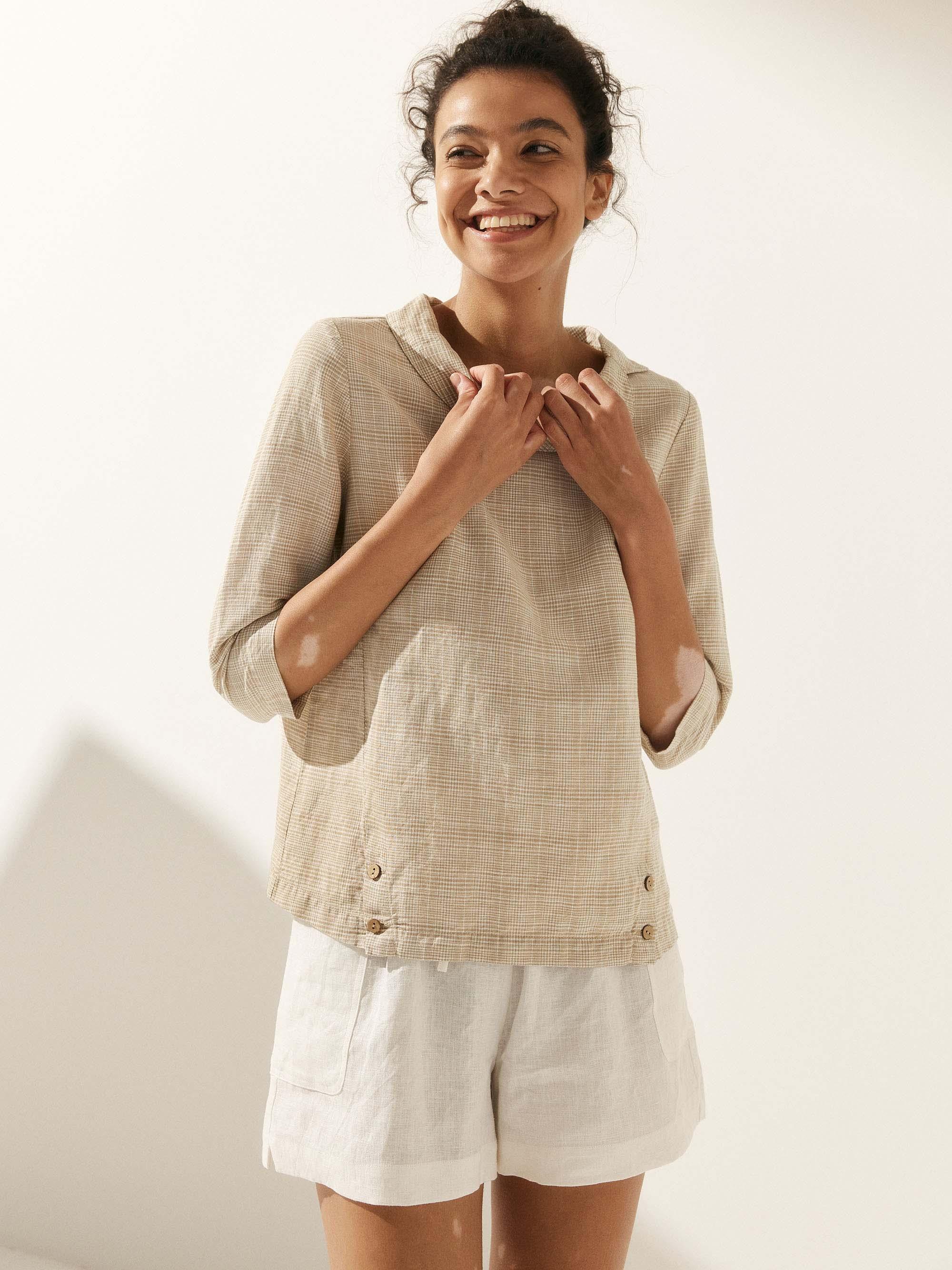 Linen Round Soft-Fold Collar Top LAURA