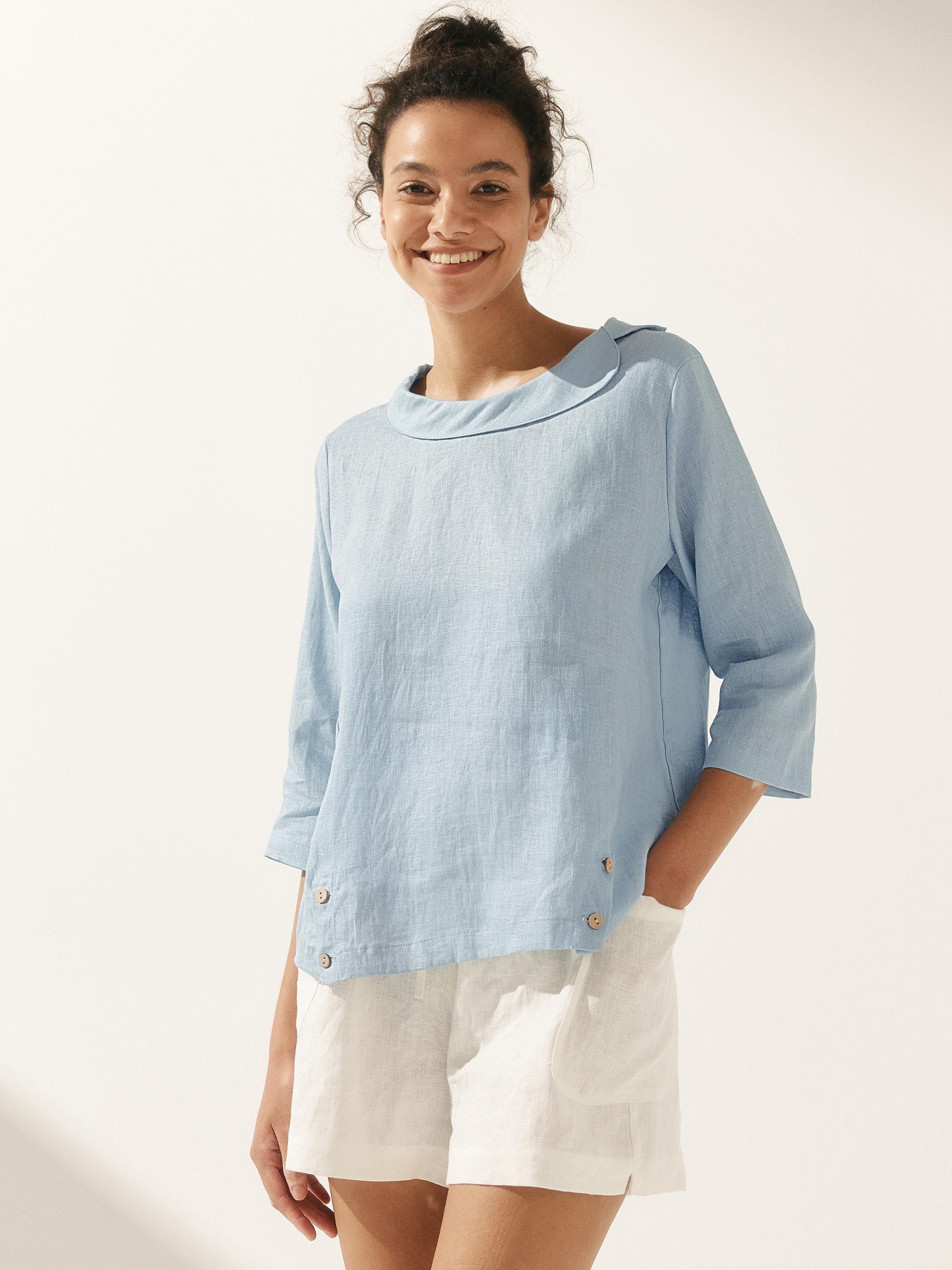 Linen Round Soft-Fold Collar Top LAURA-LINTICO