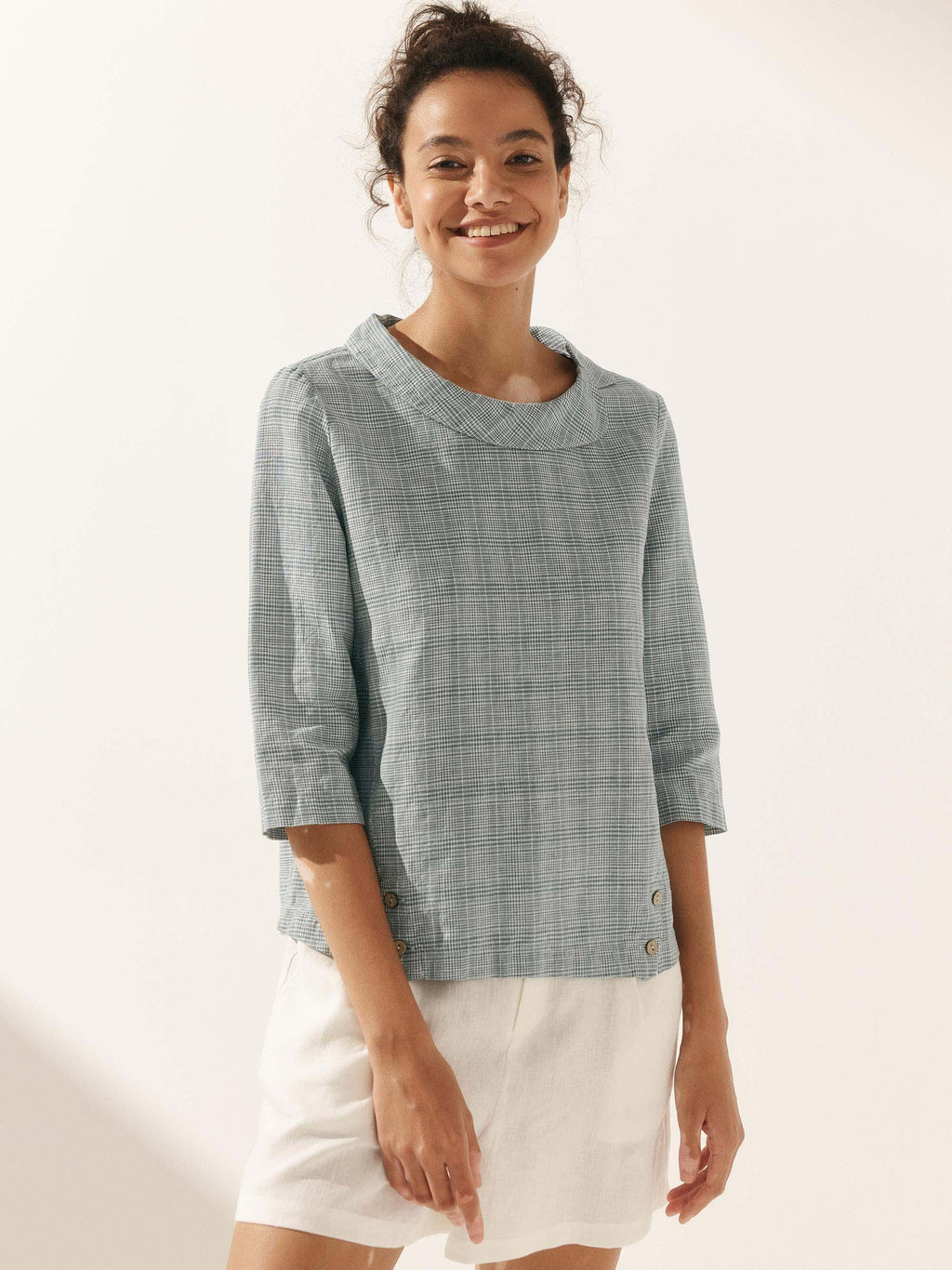 Linen Round Soft-Fold Collar Top LAURA