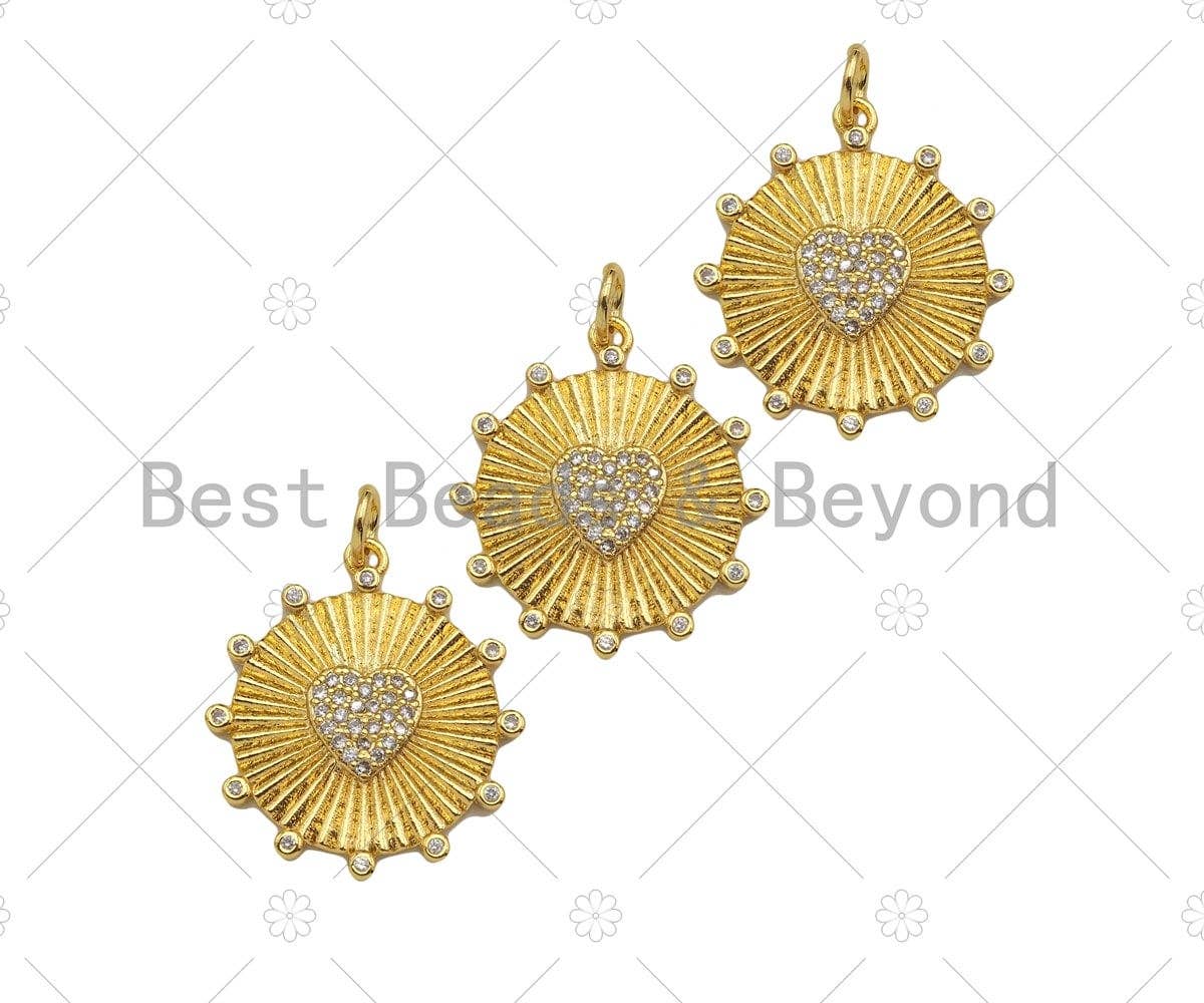 CZ Micro Pave Embossed Medallion Heart Coin Pendant, 22mm,Sku#Z1331