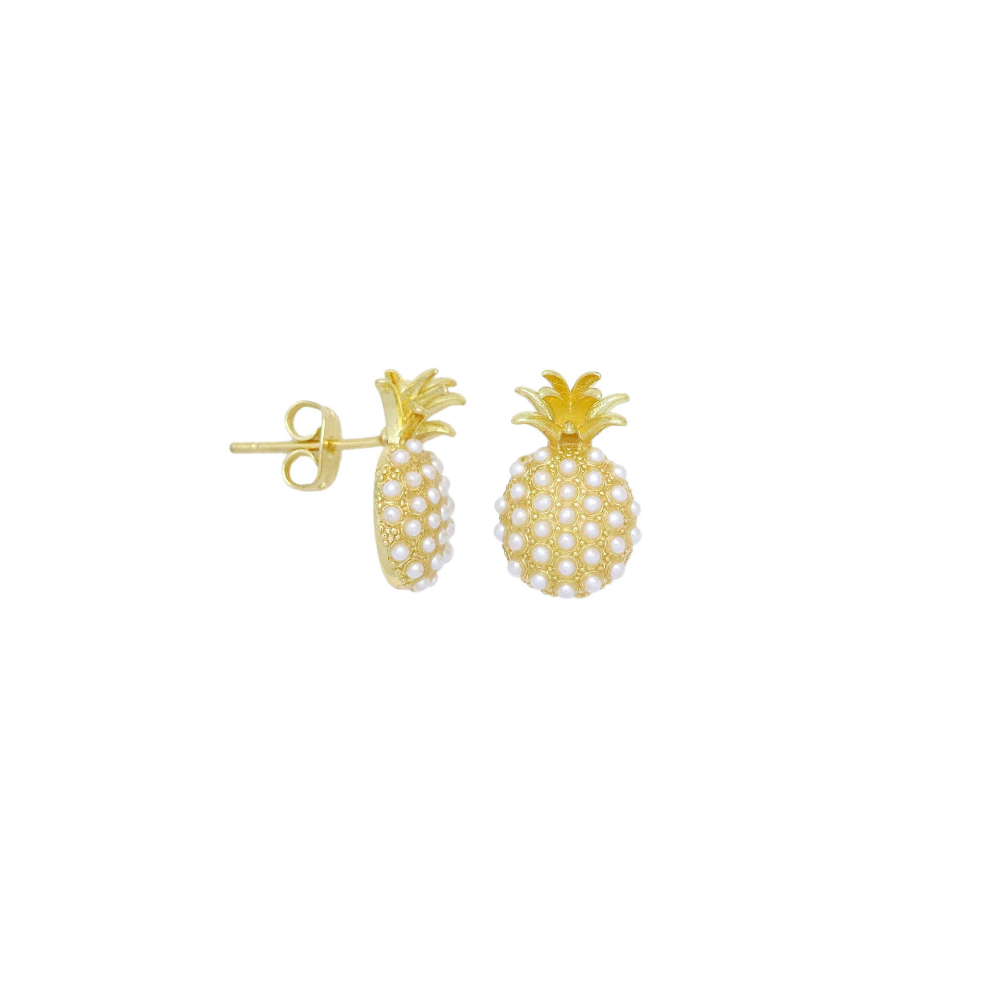 White Pearl Gold Pineapple Shape Stud Earrings, Sku#LX698