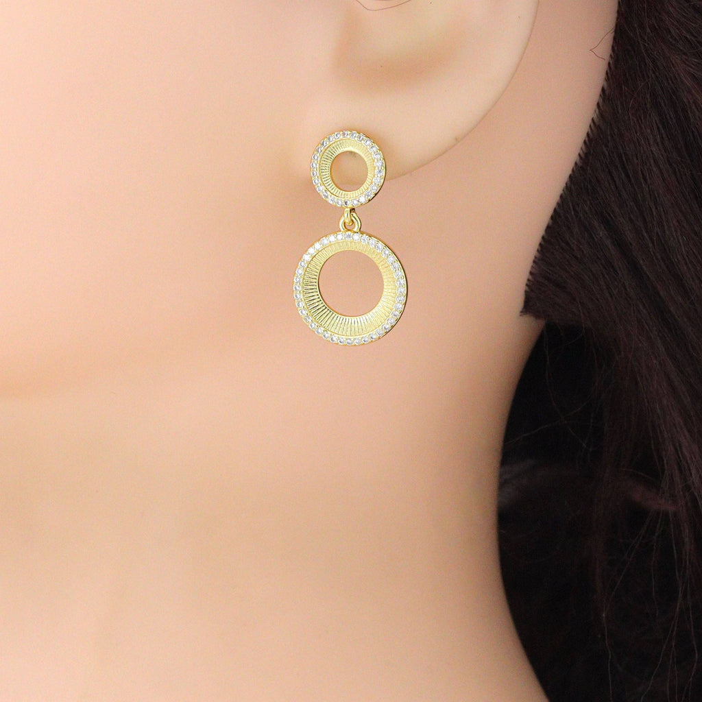 CZ Gold Double Circle Stud Earrings, Sku#LX832-Bestbeads & Beyond