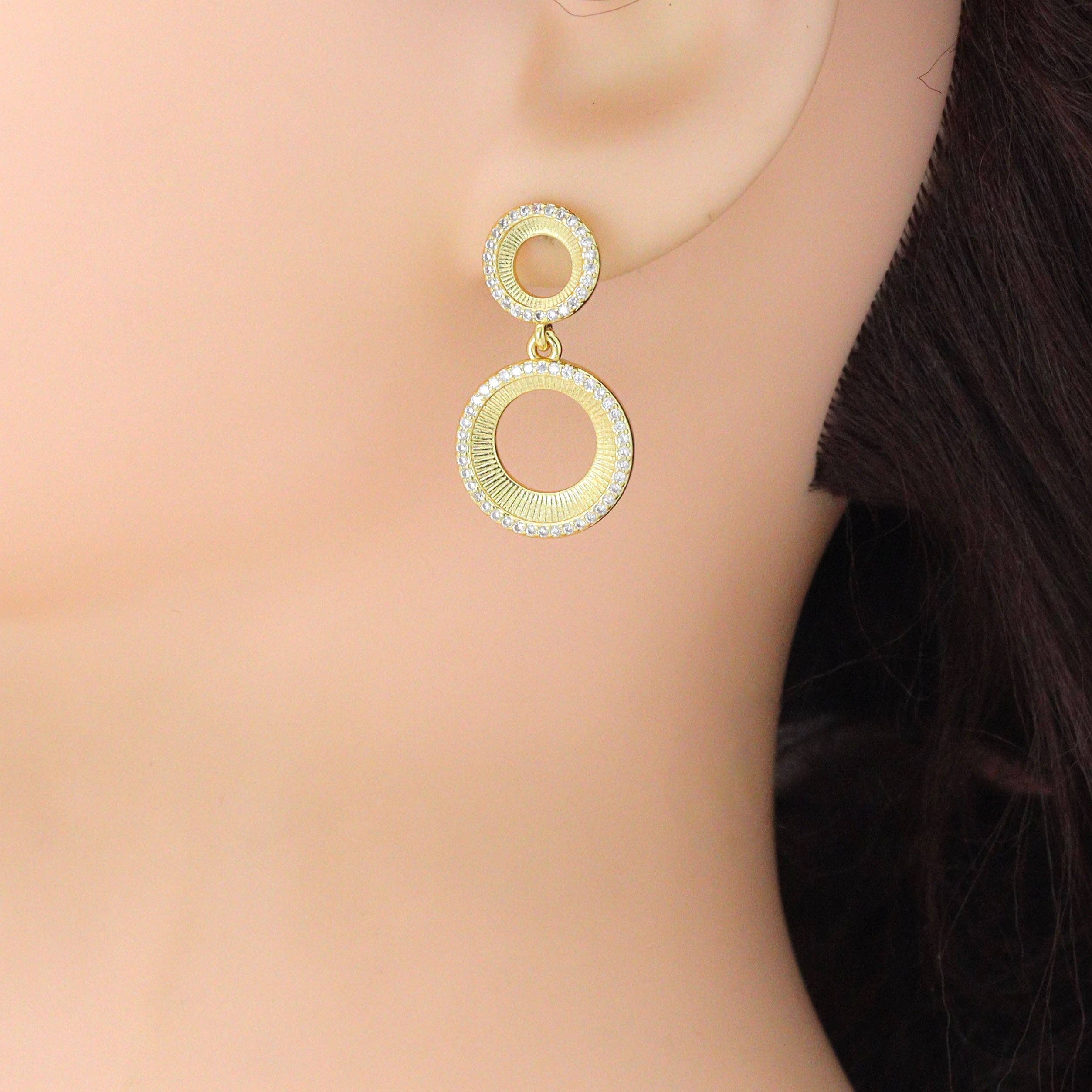 CZ Gold Double Circle Stud Earrings, Sku#LX832-Bestbeads & Beyond