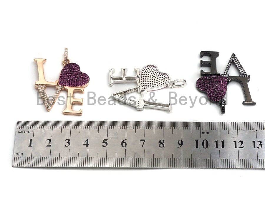 CZ Micro Pave Large Love Fuchsia Heart Pendant ,33x37mm, Cubic Zirconia Love Pave Pendant Beads, Pave Pendant, sku#F642