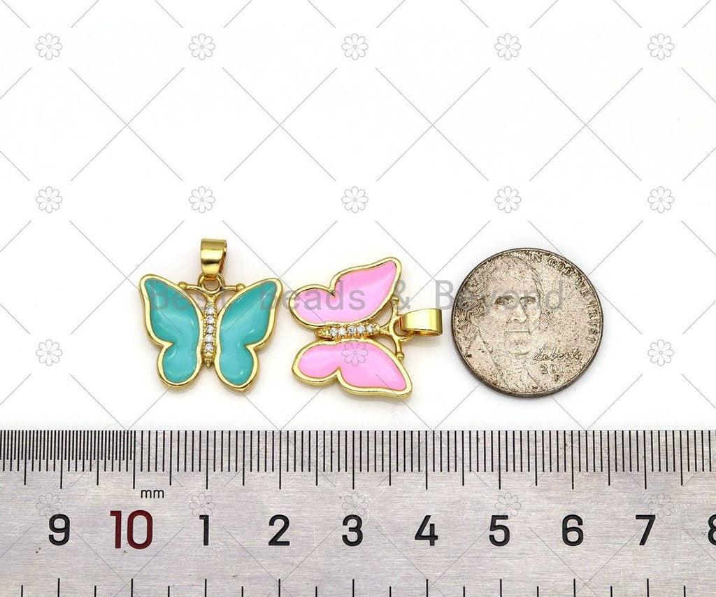 CZ Micro Pave Enamel Colorful Butterfly with Rose flower on Back Side Shape Pendant, 18K Gold FilledButterfly Charm,Sku#FH182-Bestbeads & Beyond