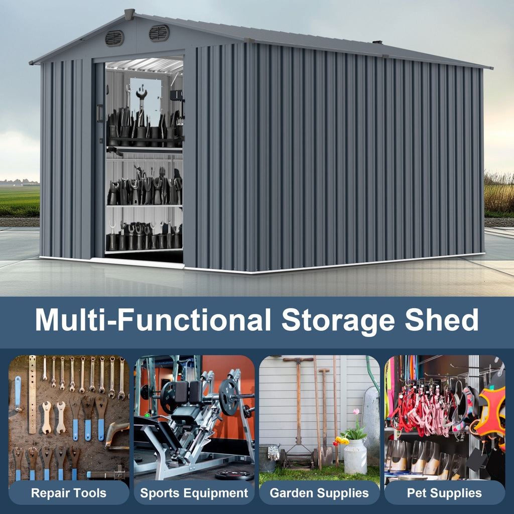 [08X10FT] Large Outdoor Metal Backyard Garden Storage Tool Shed With Window And Lockable Doors (SAK68140)