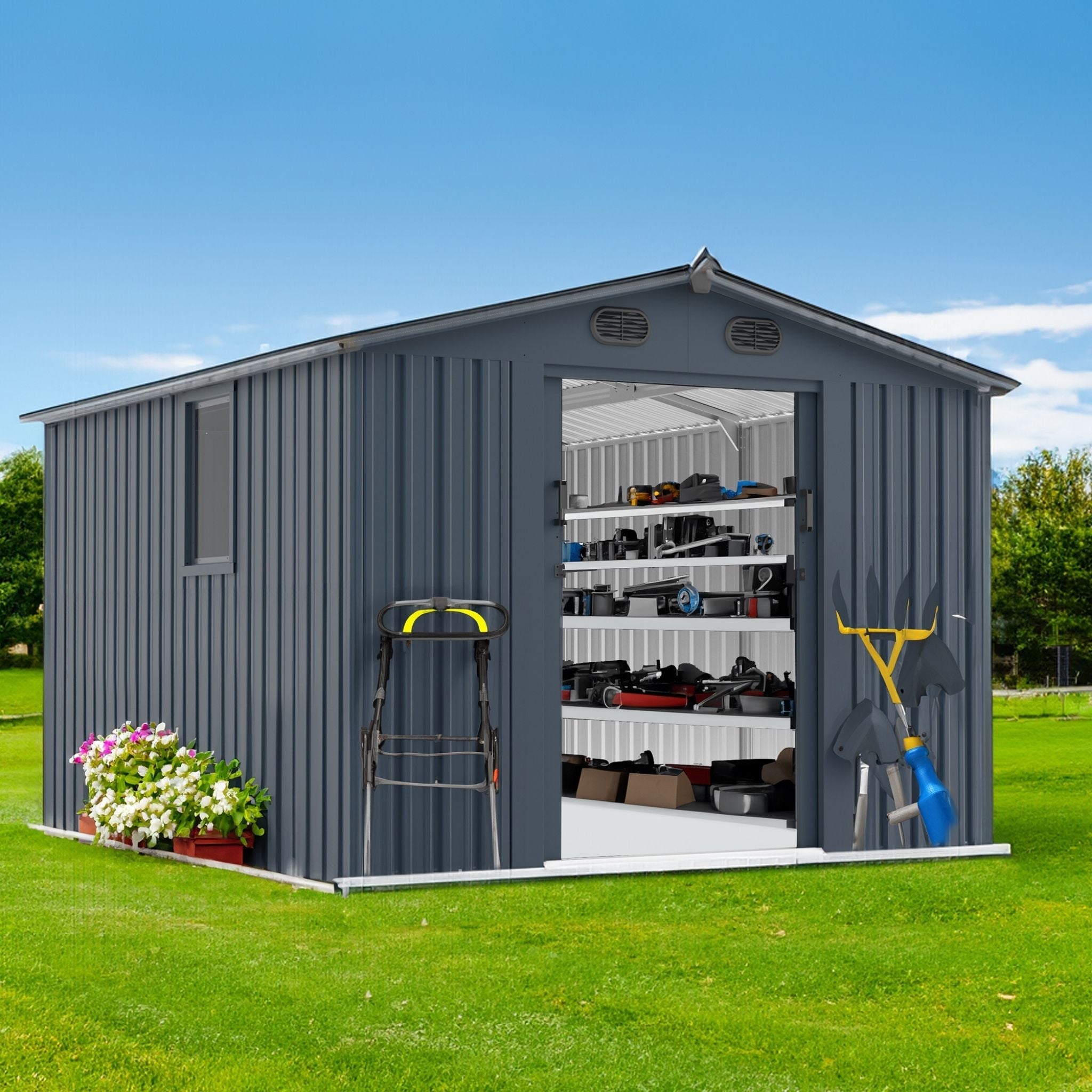 [08X10FT] Large Outdoor Metal Backyard Garden Storage Tool Shed With Window And Lockable Doors (SAK68140)