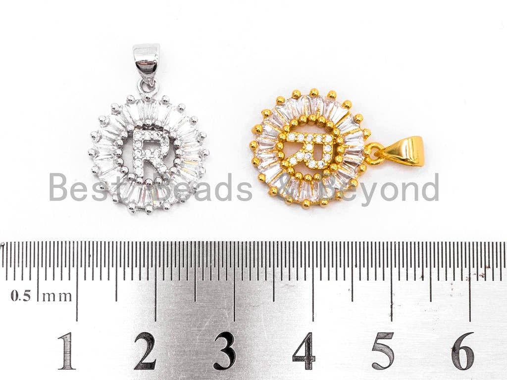 CZ Micro Pave Initial Letter R Charm/Pendent Beads,Cubic Zirconia Pave Alphabet Beads Pendent, Gold/Silver Finish,16x18mm, sku#Z236