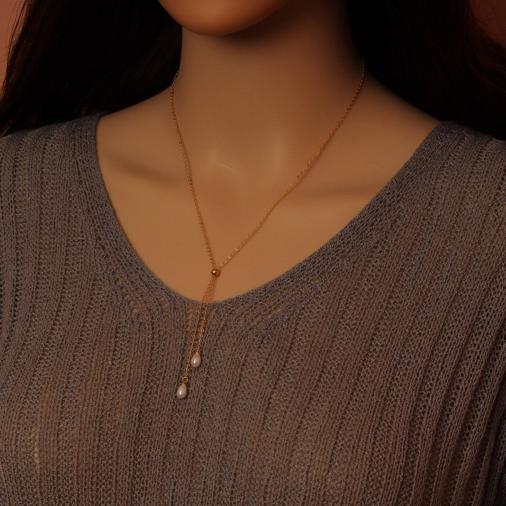 Dainty Gold link Chain White Drop Pearl Pendant Necklace, Sku#ZX210