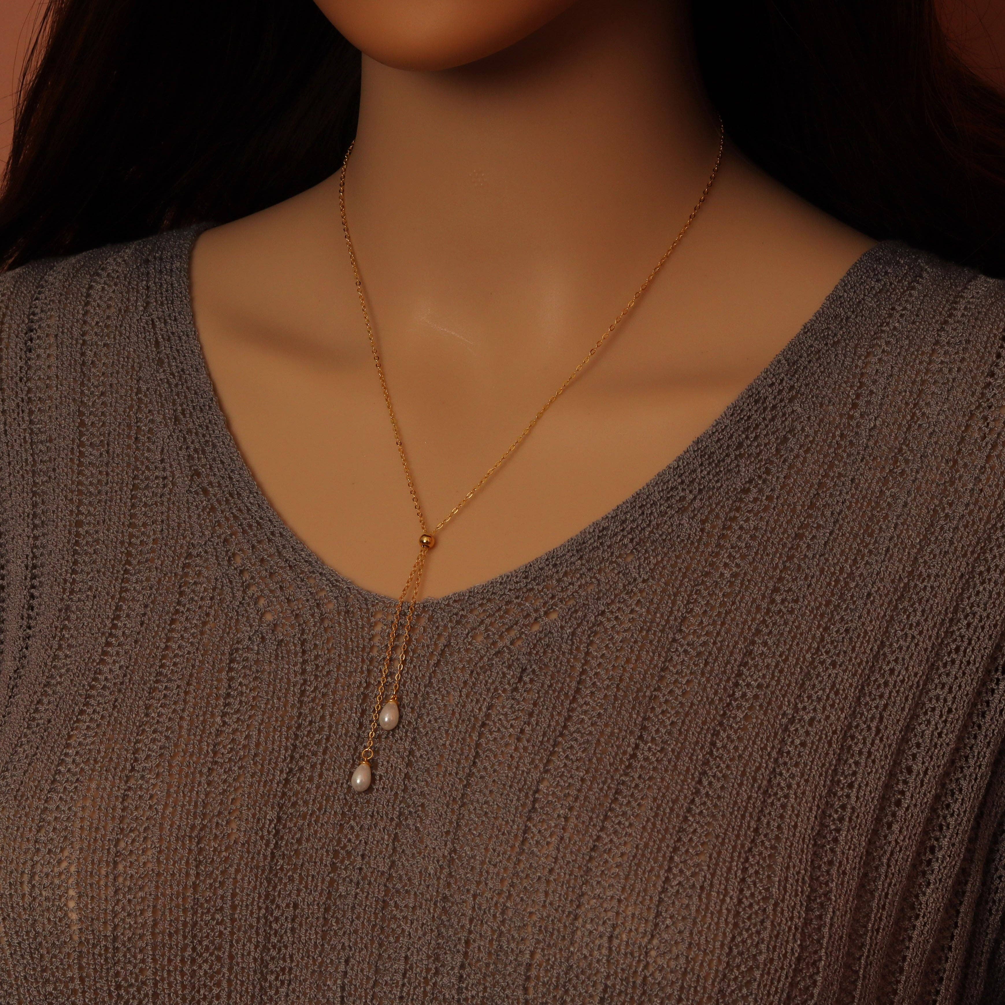 Dainty Gold link Chain White Drop Pearl Pendant Necklace, Sku#ZX210