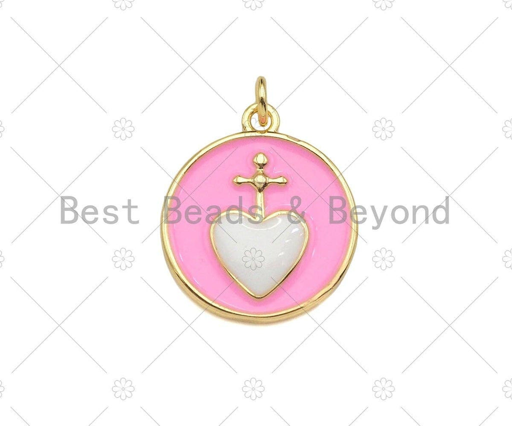 Enamel Colorful Cross Heart On Round Coin Shape Pendant, 18k Gold Enamel Charm, Enamel Jewelry, 21x18mm,Sku#Z1336