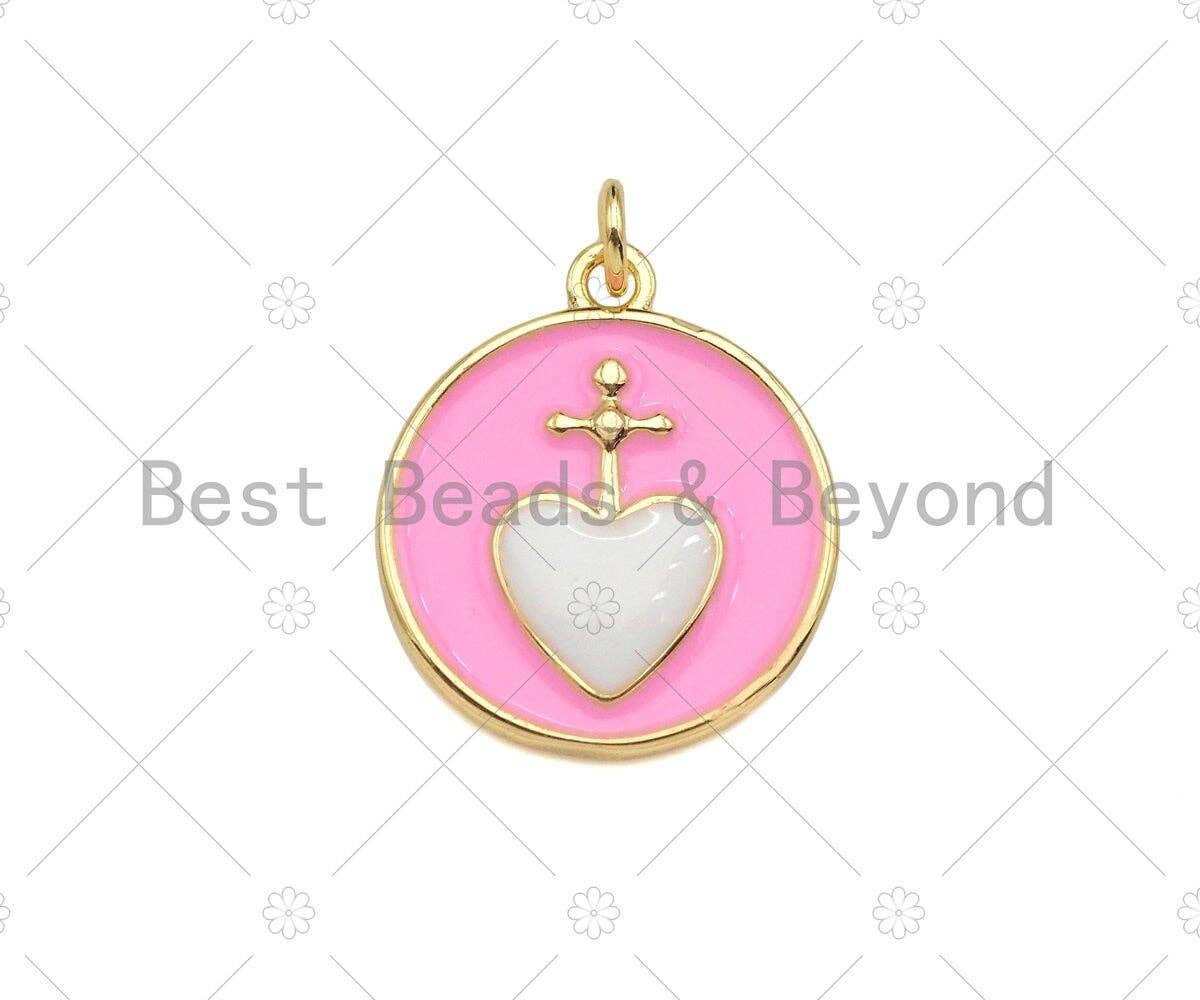 Enamel Colorful Cross Heart On Round Coin Shape Pendant, 18k Gold Enamel Charm, Enamel Jewelry, 21x18mm,Sku#Z1336