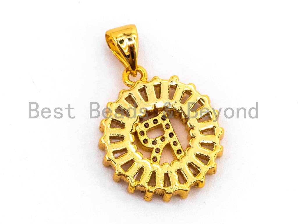 CZ Micro Pave Initial Letter R Charm/Pendent Beads,Cubic Zirconia Pave Alphabet Beads Pendent, Gold/Silver Finish,16x18mm, sku#Z236