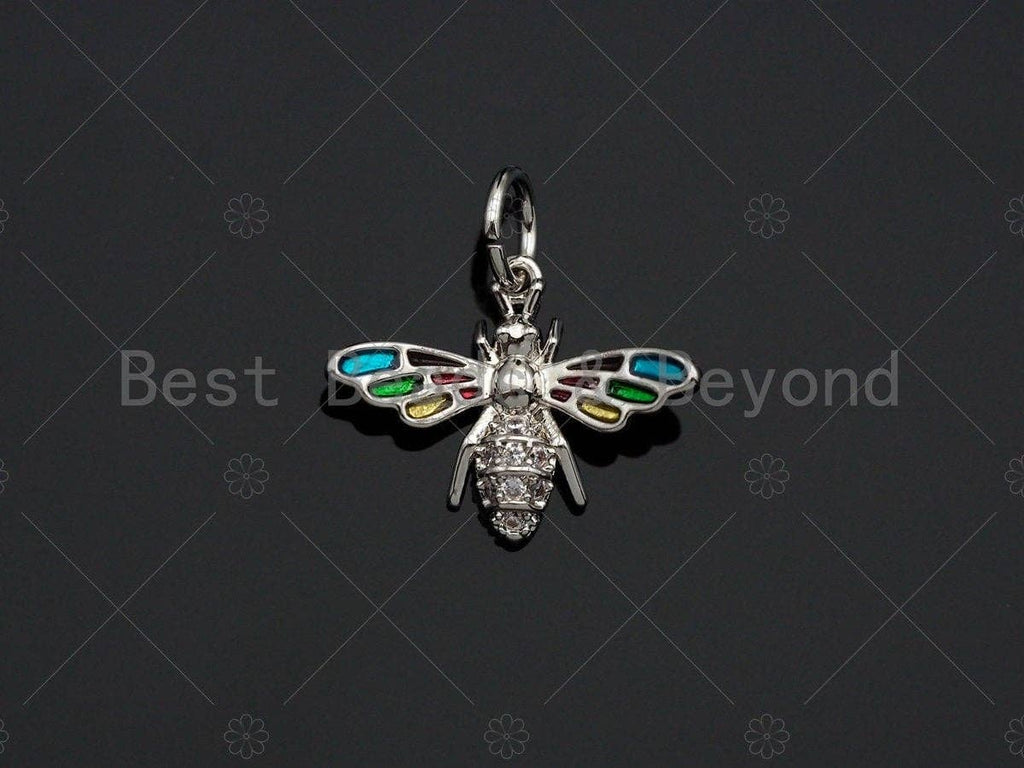 Bee Shape Pendant,Colorful Enamel Cubic Zirconia Bee Charm,Gold/Silver/Rose Gold Tone,15x12mm,Sku#Y341