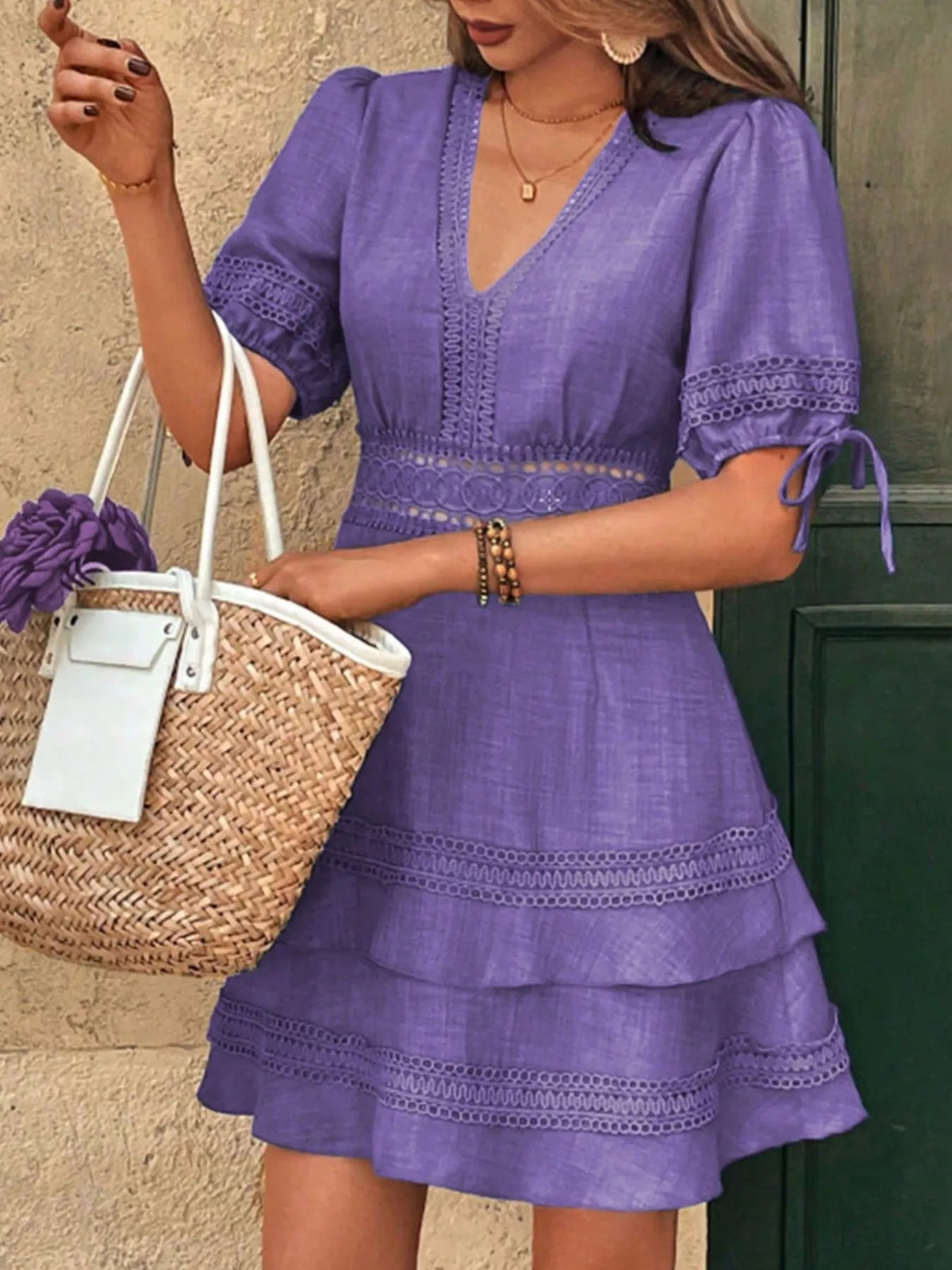 Lace Detail V-Neck Mini Dress