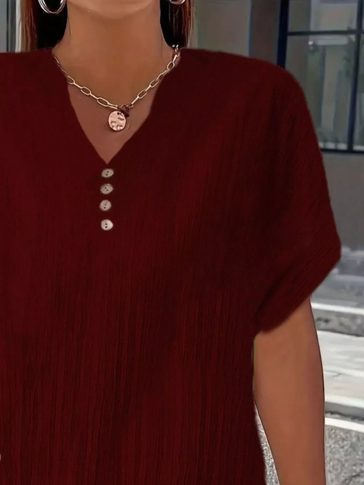 Plus Size Notched Short Sleeve Textured Top