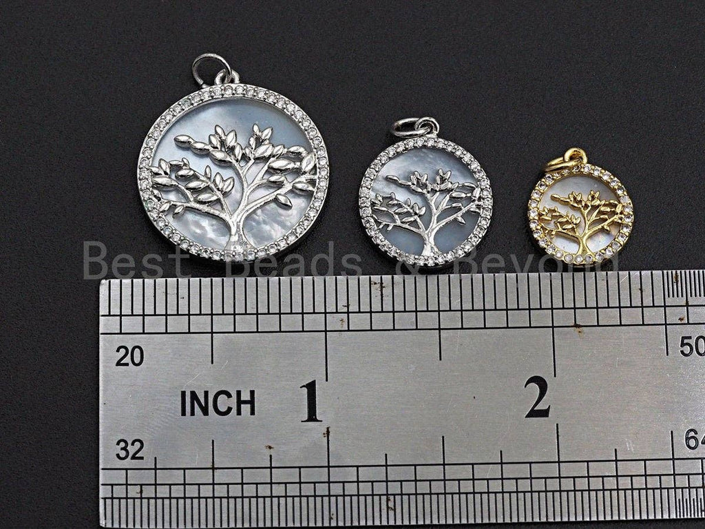 Mother-of-pearl Inlay Tree Round Pendant/Charm, Tree Cubic Zirconia Pendant,22/15/12mm,Sku#Z499