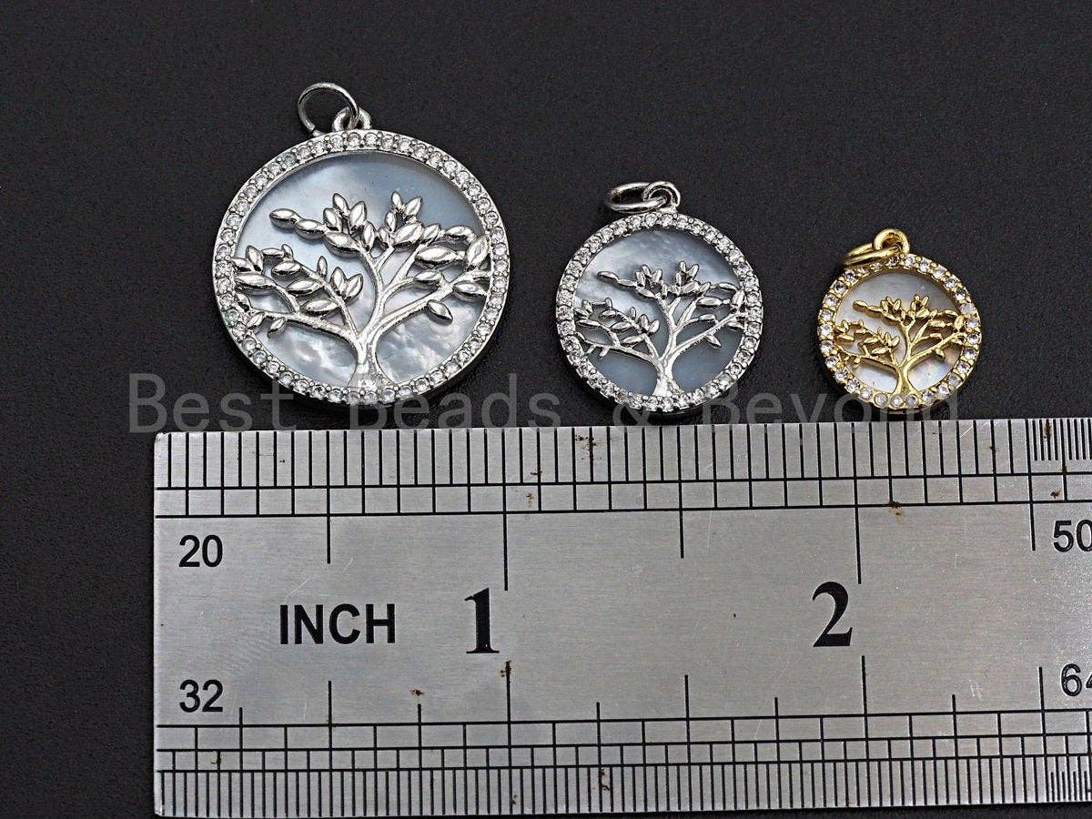 Mother-of-pearl Inlay Tree Round Pendant/Charm, Tree Cubic Zirconia Pendant,22/15/12mm,Sku#Z499