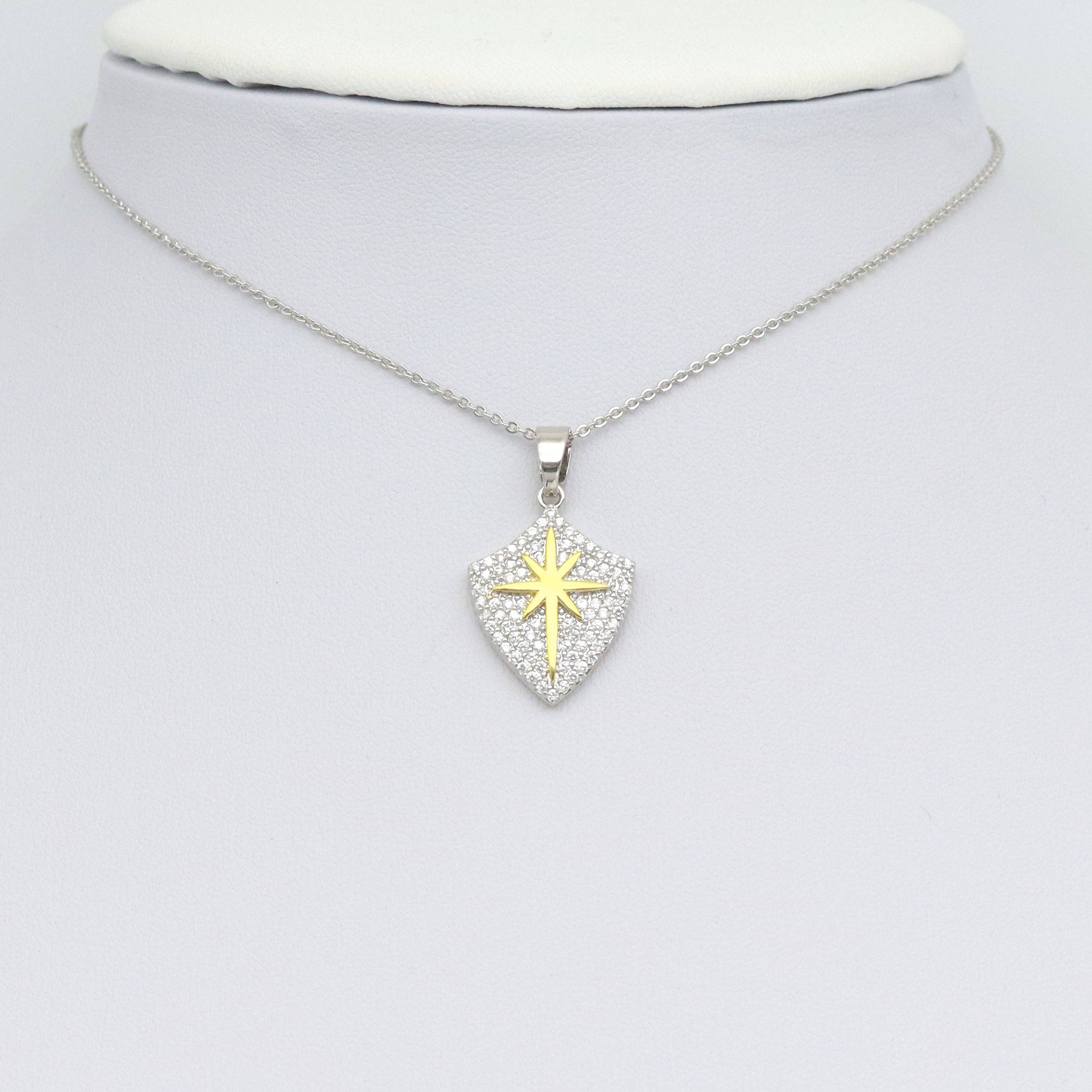 Dual Color CZ Gold North Star On Shield Charm Pendant, Sku#LX749