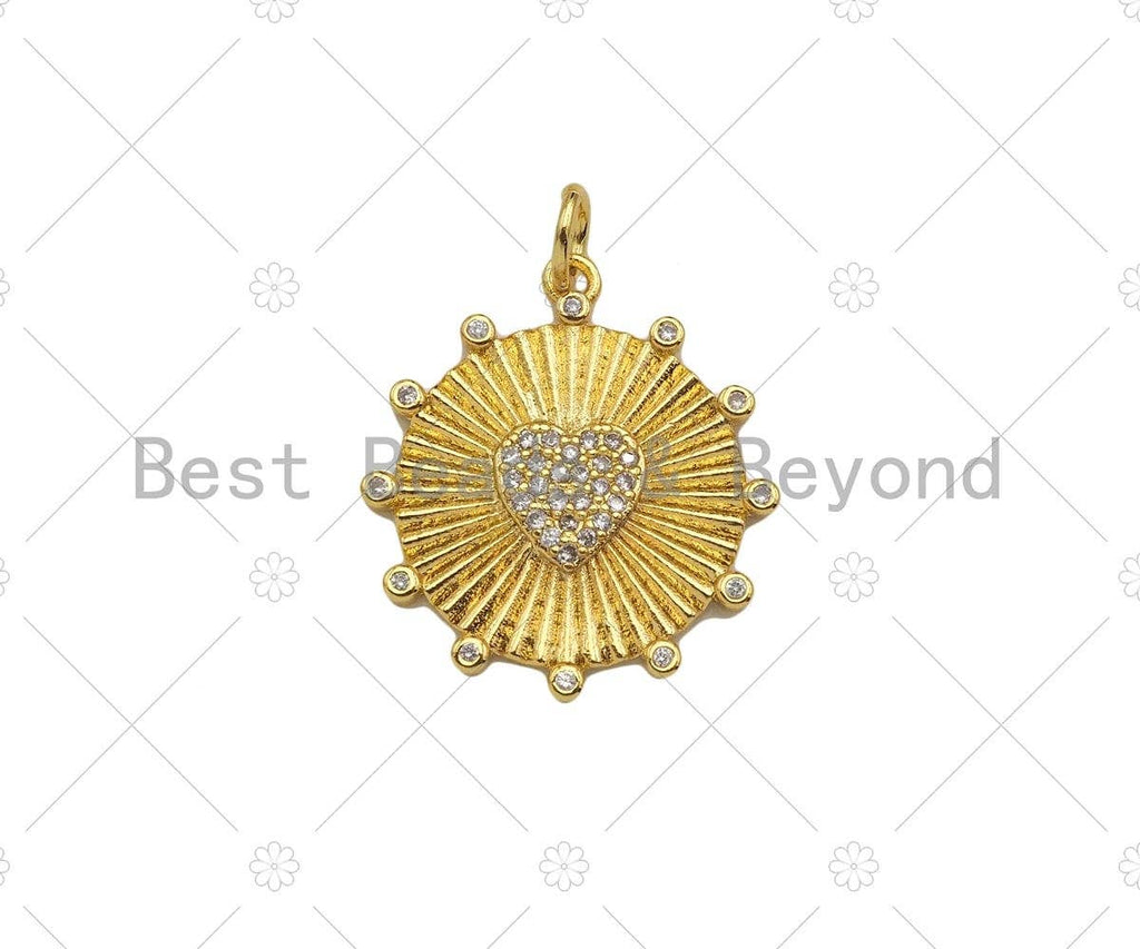 CZ Micro Pave Embossed Medallion Heart Coin Pendant, 22mm,Sku#Z1331