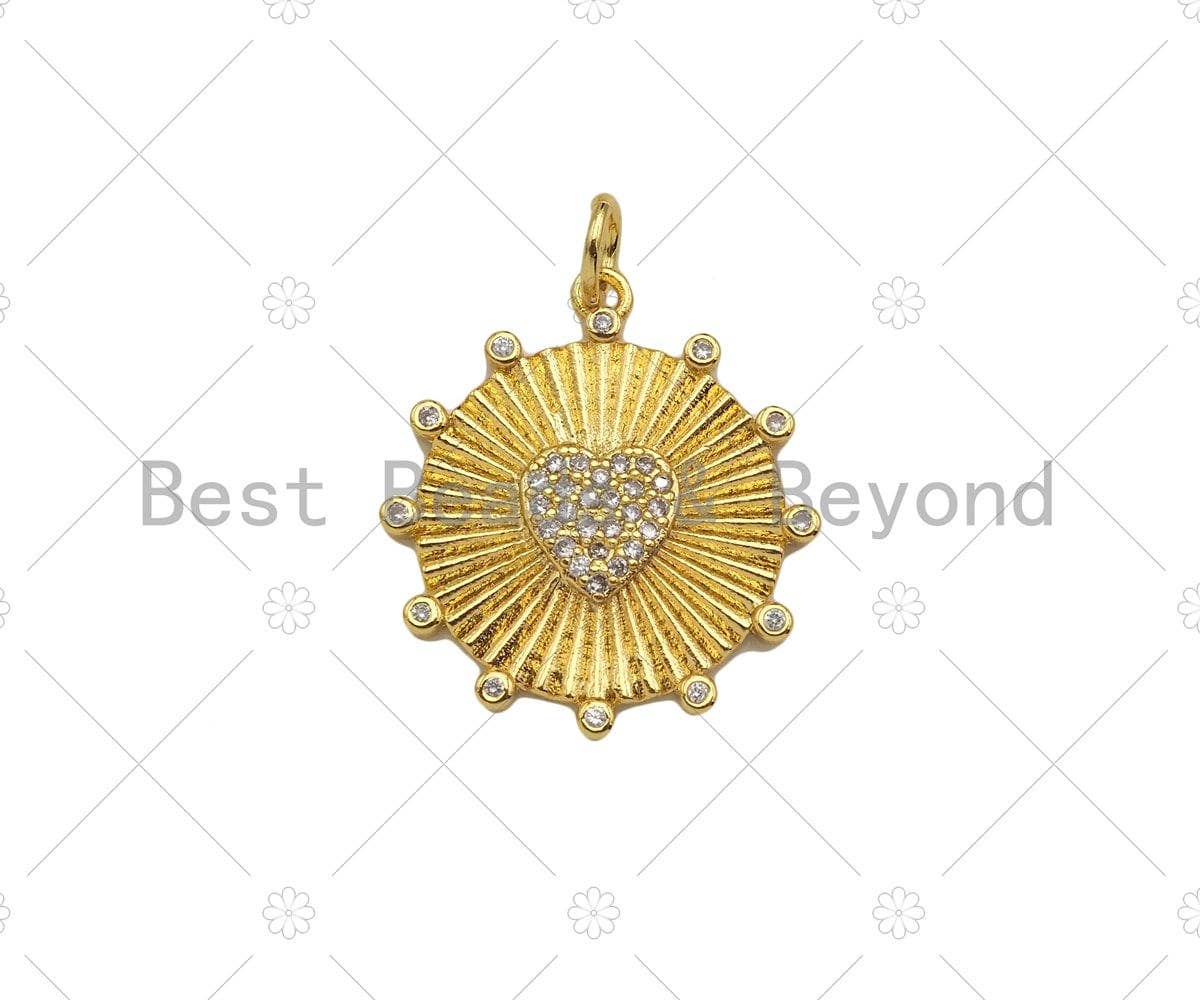CZ Micro Pave Embossed Medallion Heart Coin Pendant, 22mm,Sku#Z1331