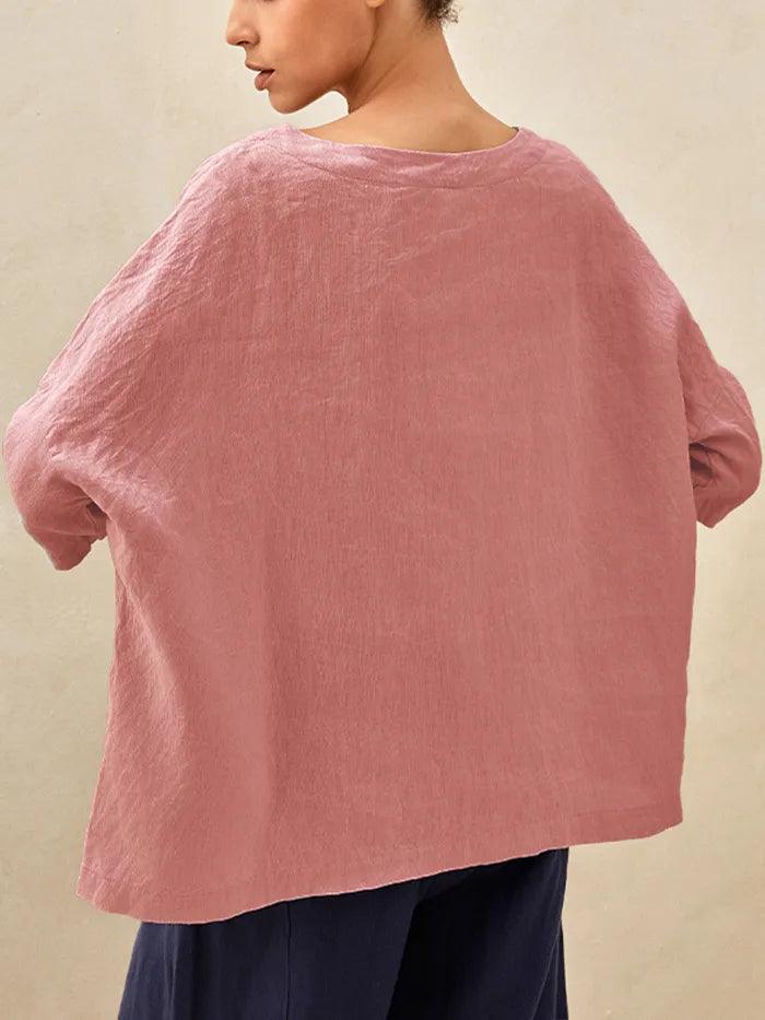 100% Linen Gingham Checked Boatneck 3/4 Length Sleeve Top AURORA