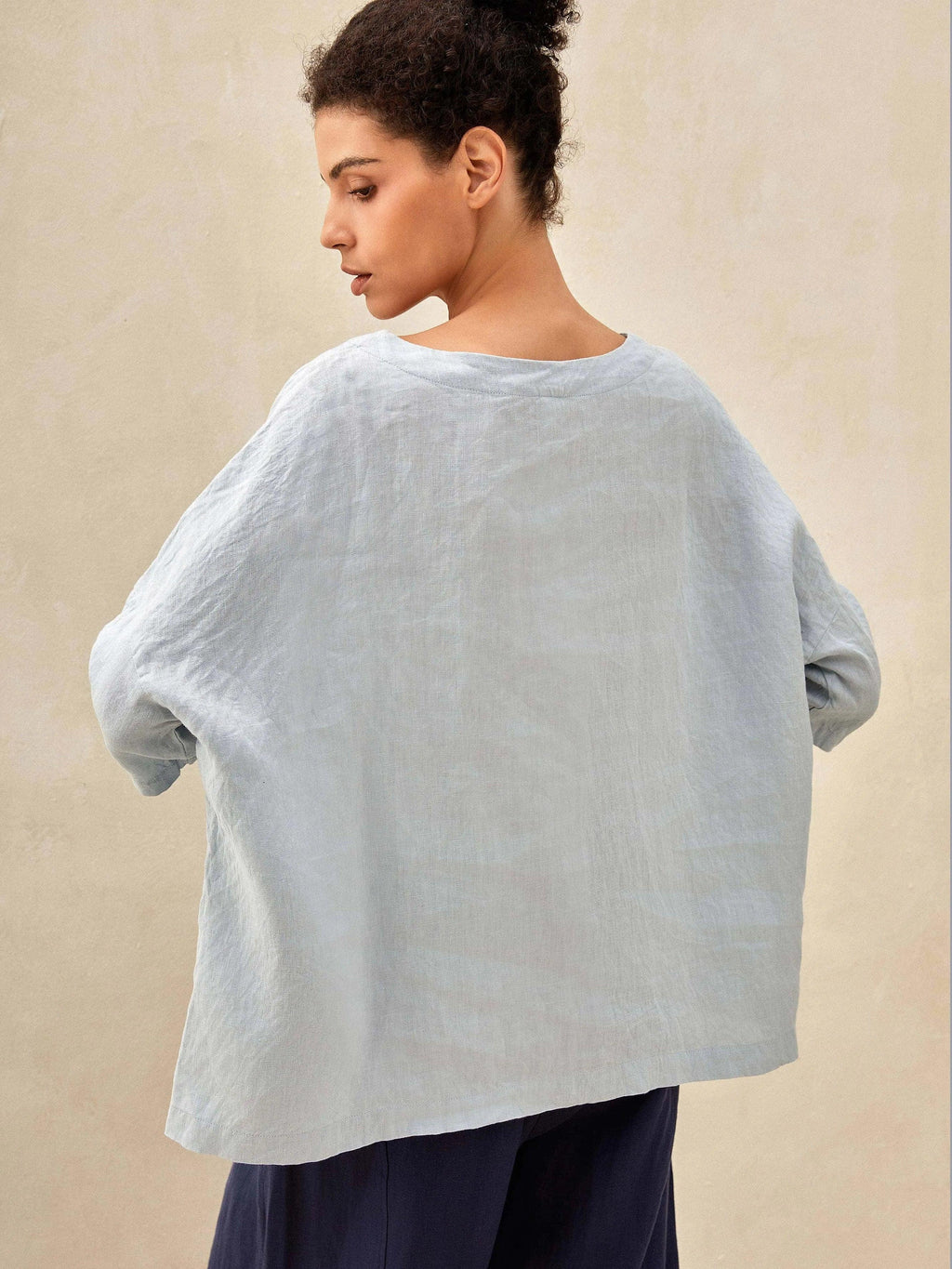 100% Linen Gingham Checked Boatneck 3/4 Length Sleeve Top AURORA